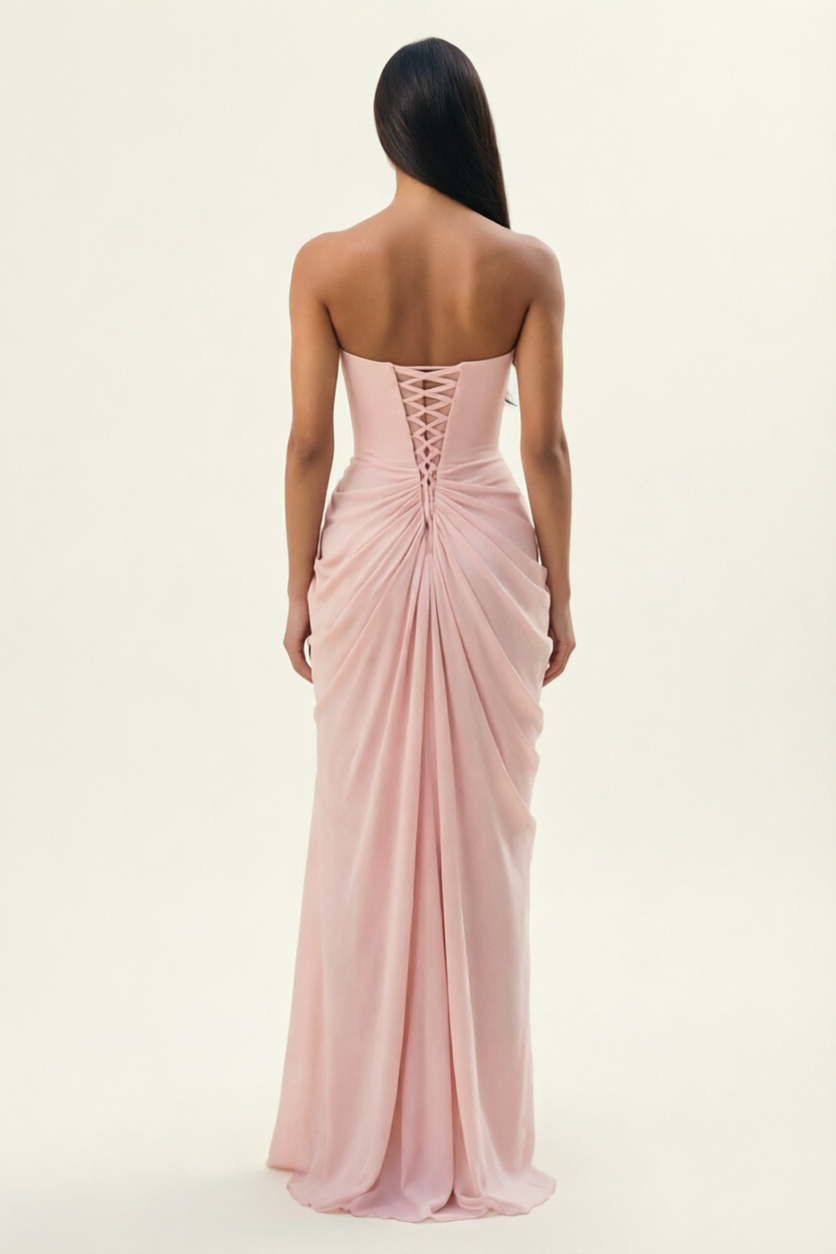 Strapless Ruched High Slit Maxi Dress