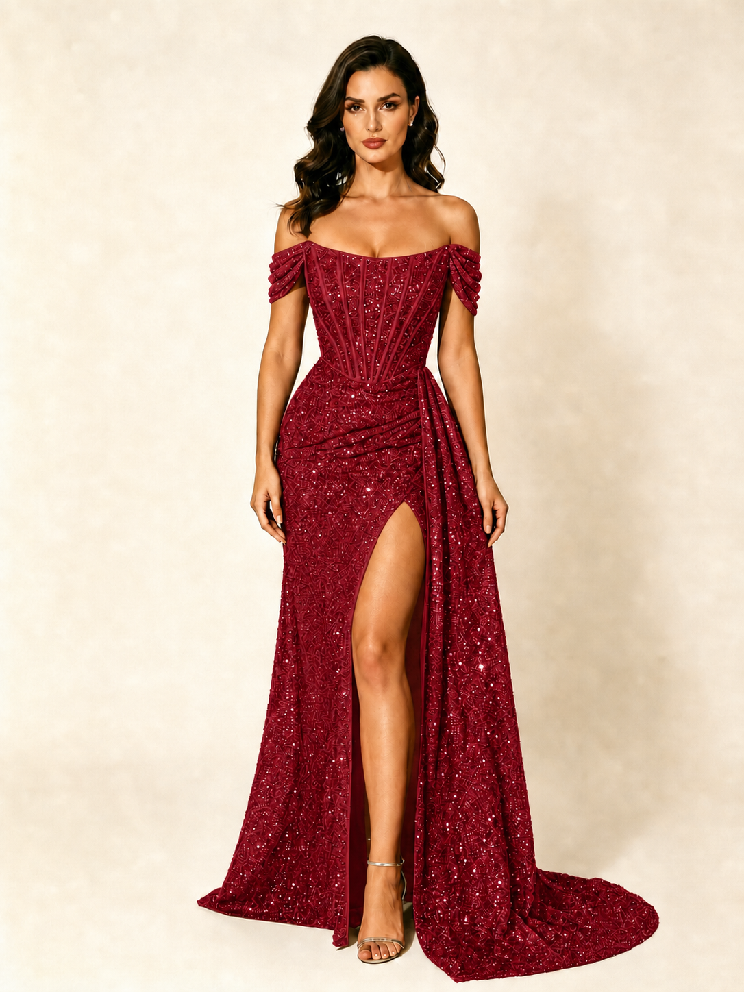 Off Shoulder Sequin High Slit Formal Dress with Train