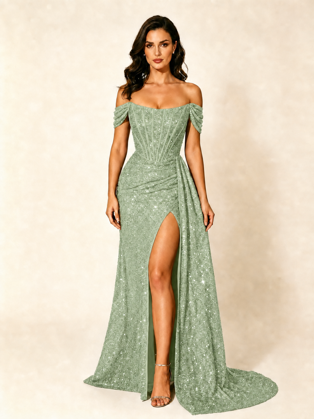 Off Shoulder Sequin High Slit Formal Dress with Train