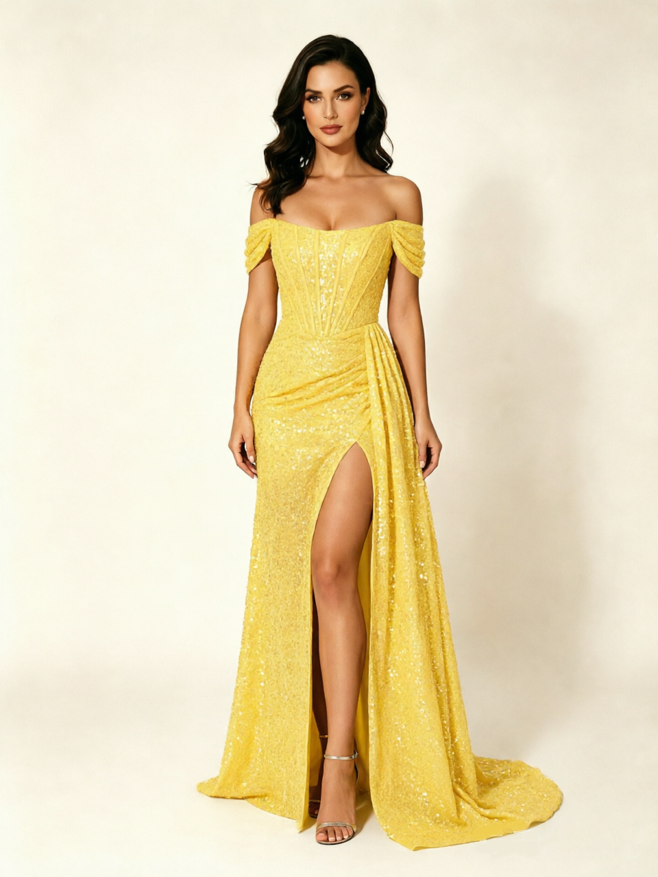Off Shoulder Sequin High Slit Formal Dress with Train