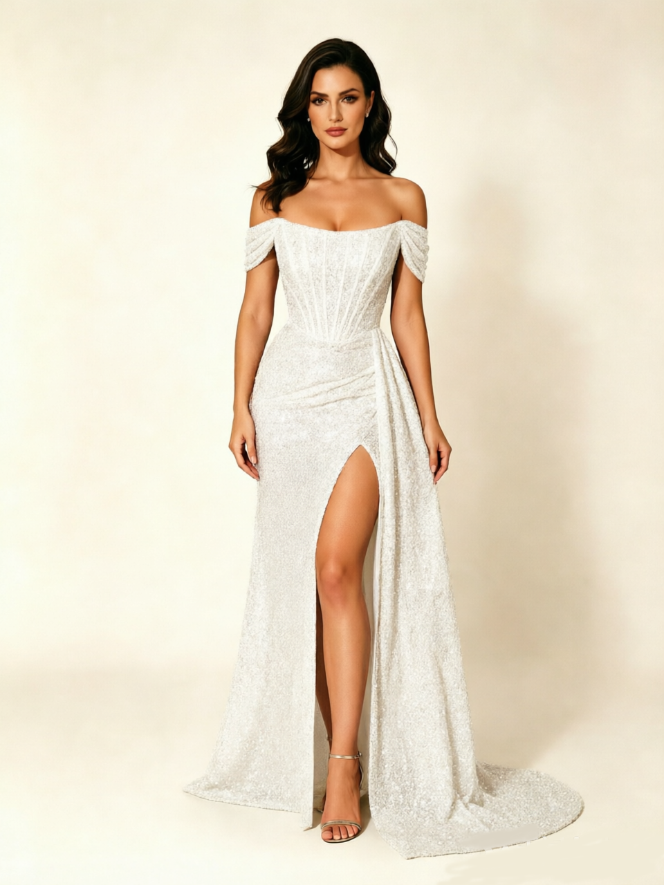 Off Shoulder Sequin High Slit Formal Dress with Train