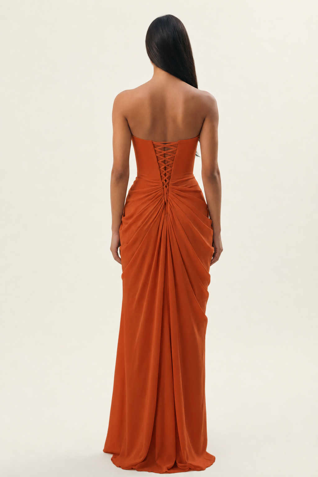 Strapless Ruched High Slit Maxi Dress