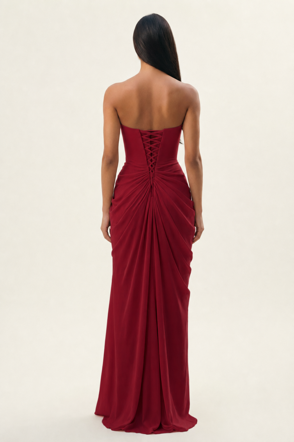 Strapless Ruched High Slit Maxi Dress