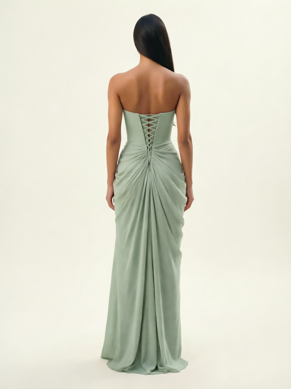 Strapless Ruched High Slit Maxi Dress