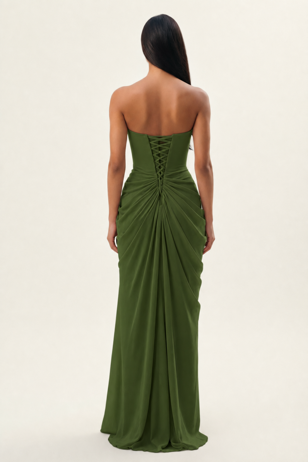 Strapless Ruched High Slit Maxi Dress