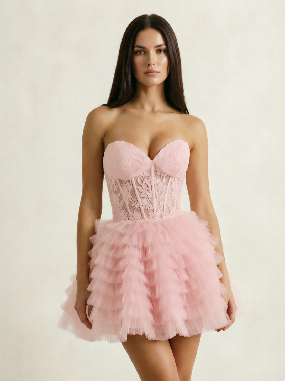 Strapless Lace Corset Tiered Tulle Mini Dress