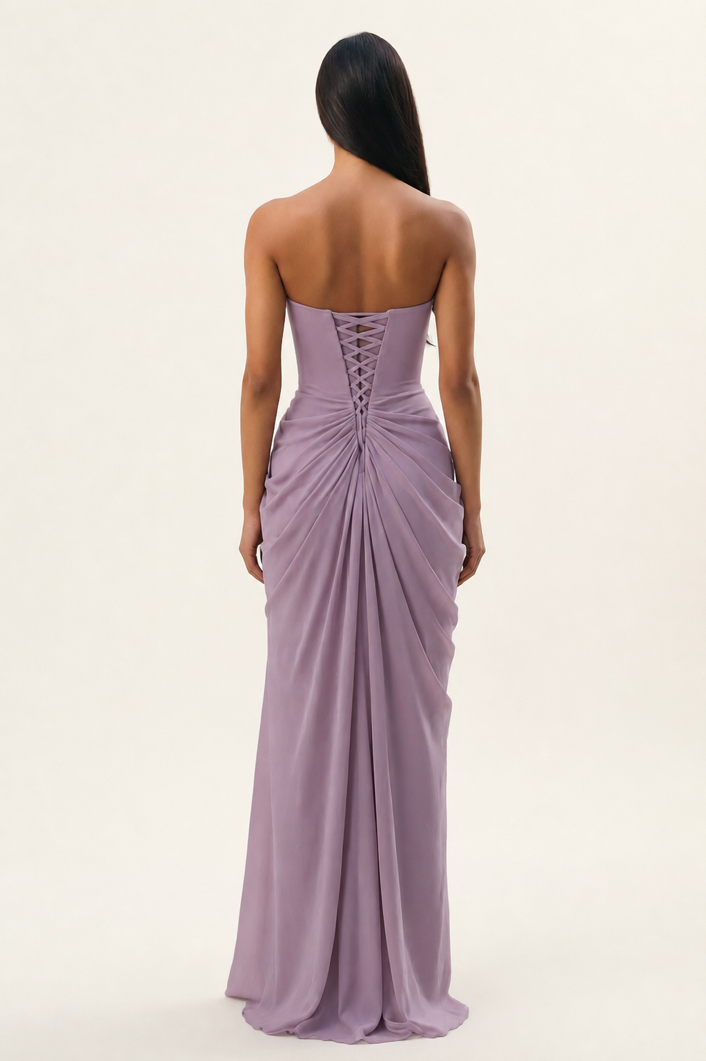 Strapless Ruched High Slit Maxi Dress