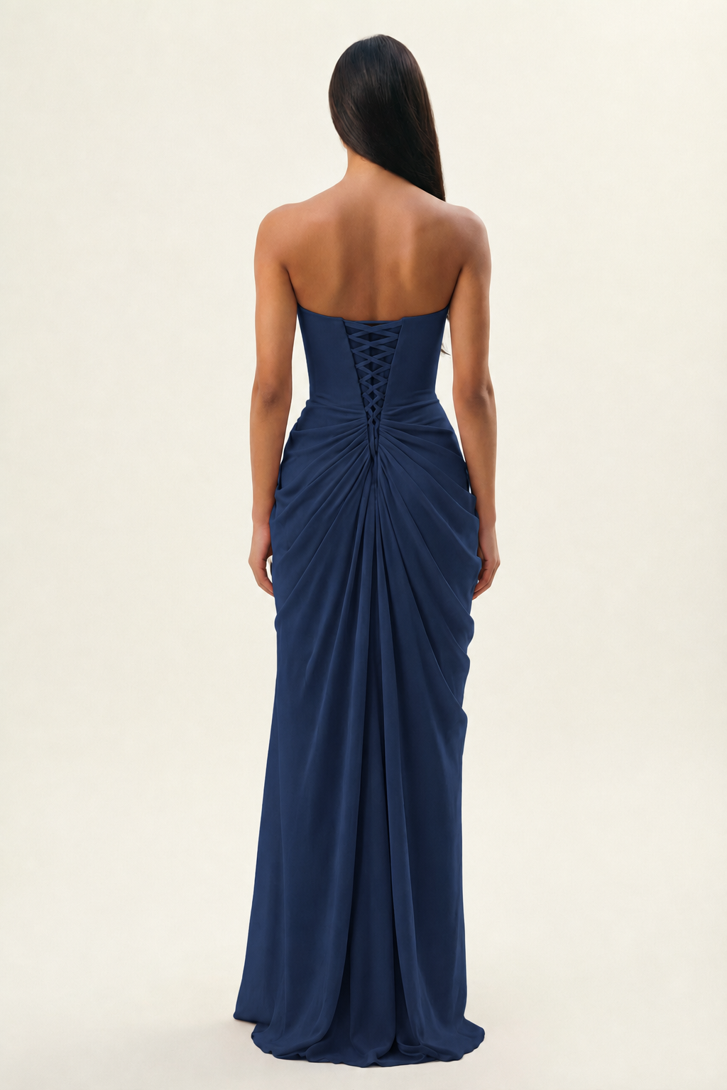 Strapless Ruched High Slit Maxi Dress