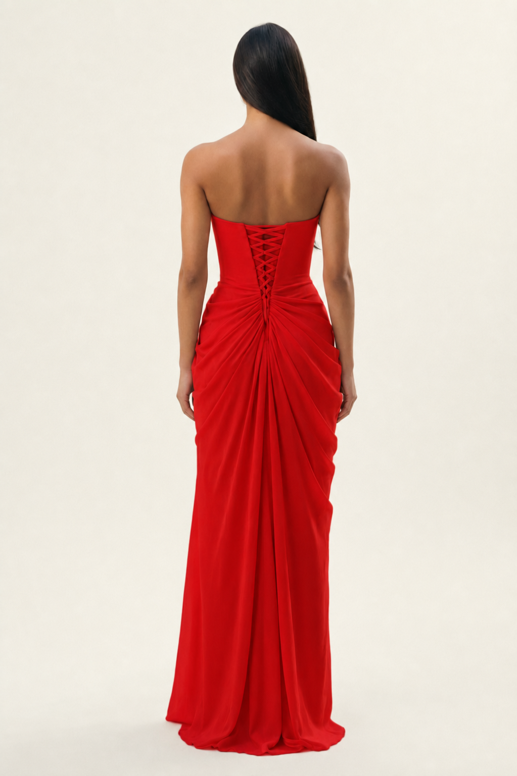 Strapless Ruched High Slit Maxi Dress