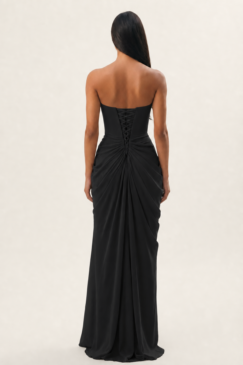 Strapless Ruched High Slit Maxi Dress