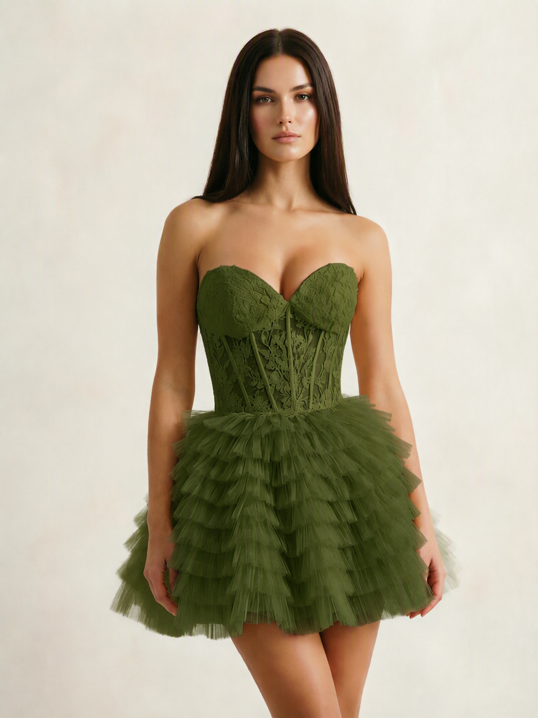 Strapless Lace Corset Tiered Tulle Mini Dress