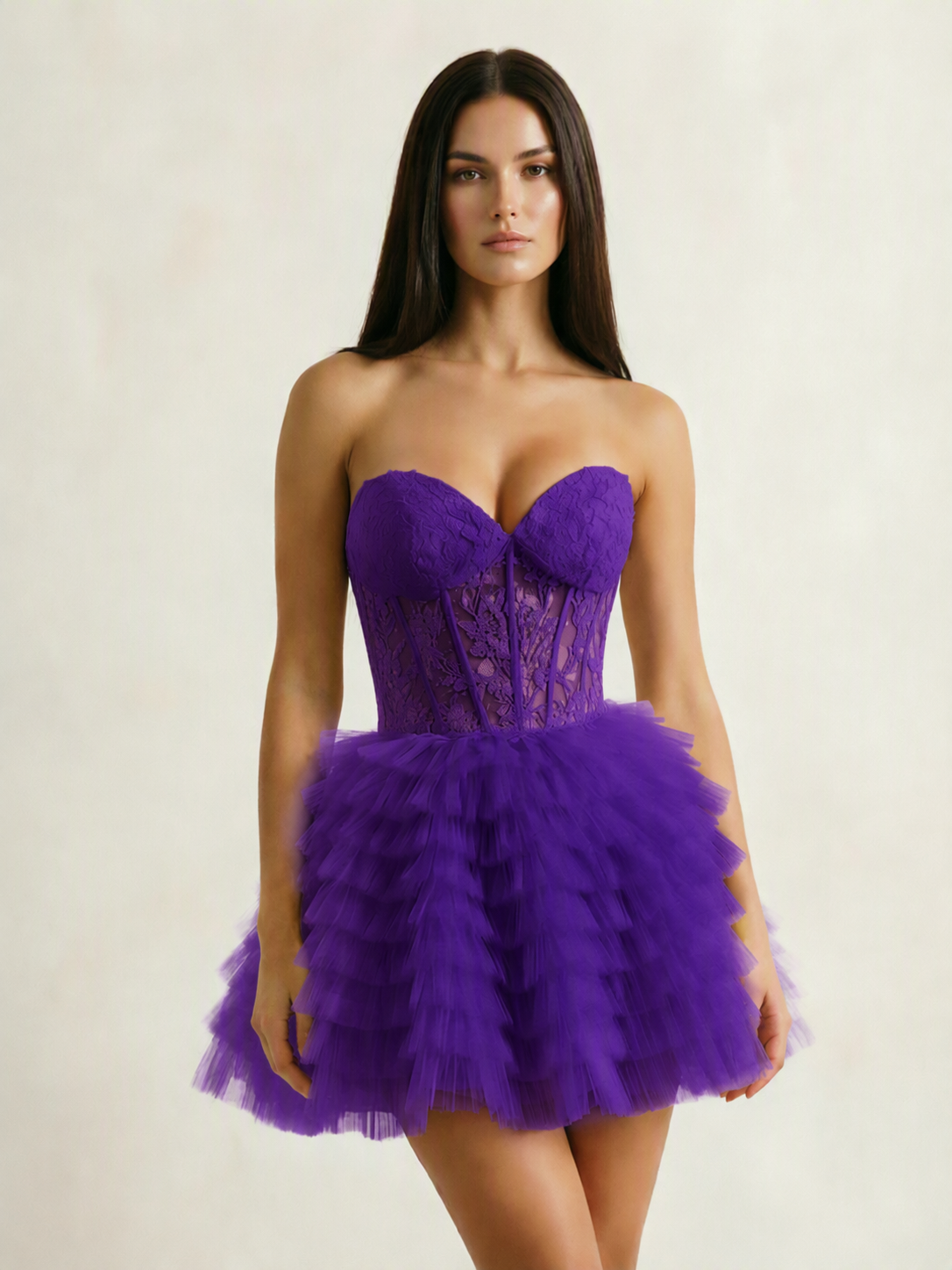 Strapless Lace Corset Tiered Tulle Mini Dress