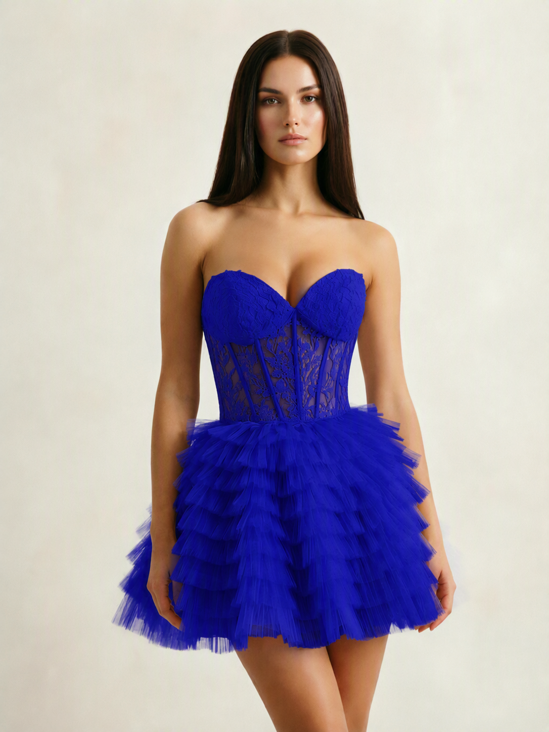 Strapless Lace Corset Tiered Tulle Mini Dress