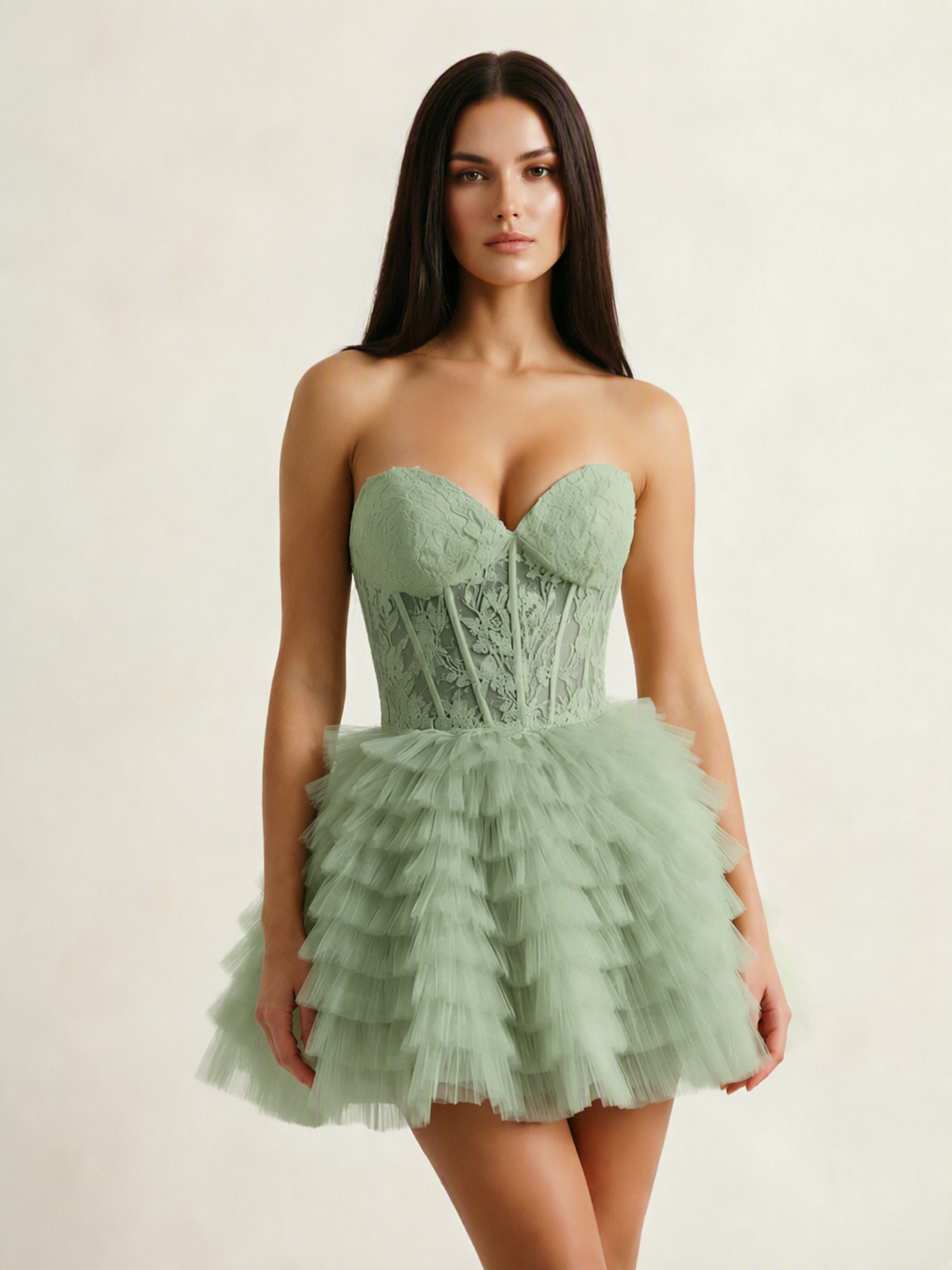 Strapless Lace Corset Tiered Tulle Mini Dress