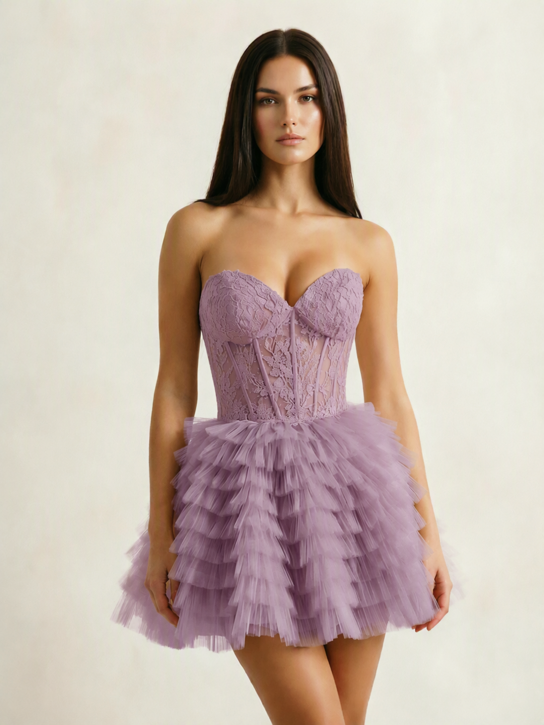 Strapless Lace Corset Tiered Tulle Mini Dress