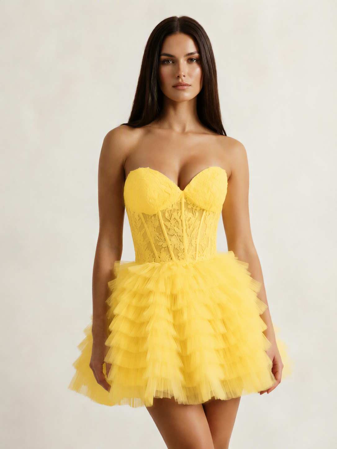 Strapless Lace Corset Tiered Tulle Mini Dress
