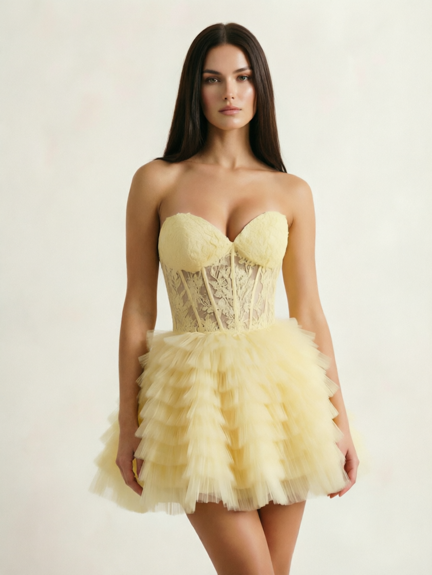 Strapless Lace Corset Tiered Tulle Mini Dress