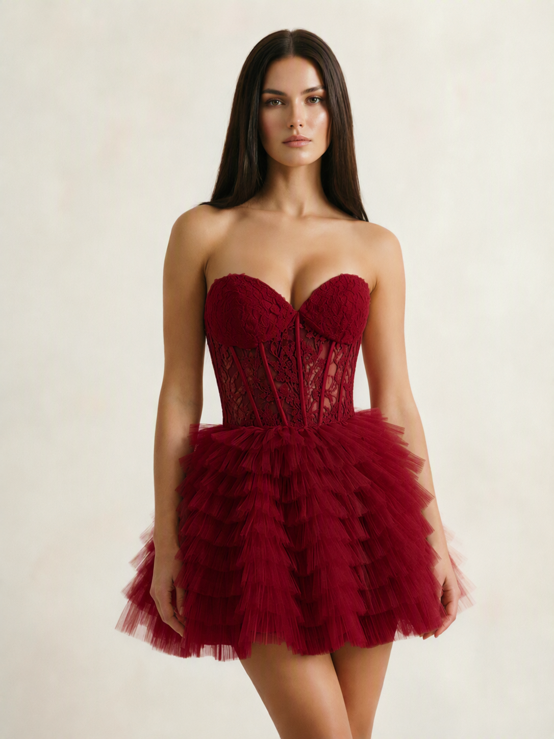 Strapless Lace Corset Tiered Tulle Mini Dress