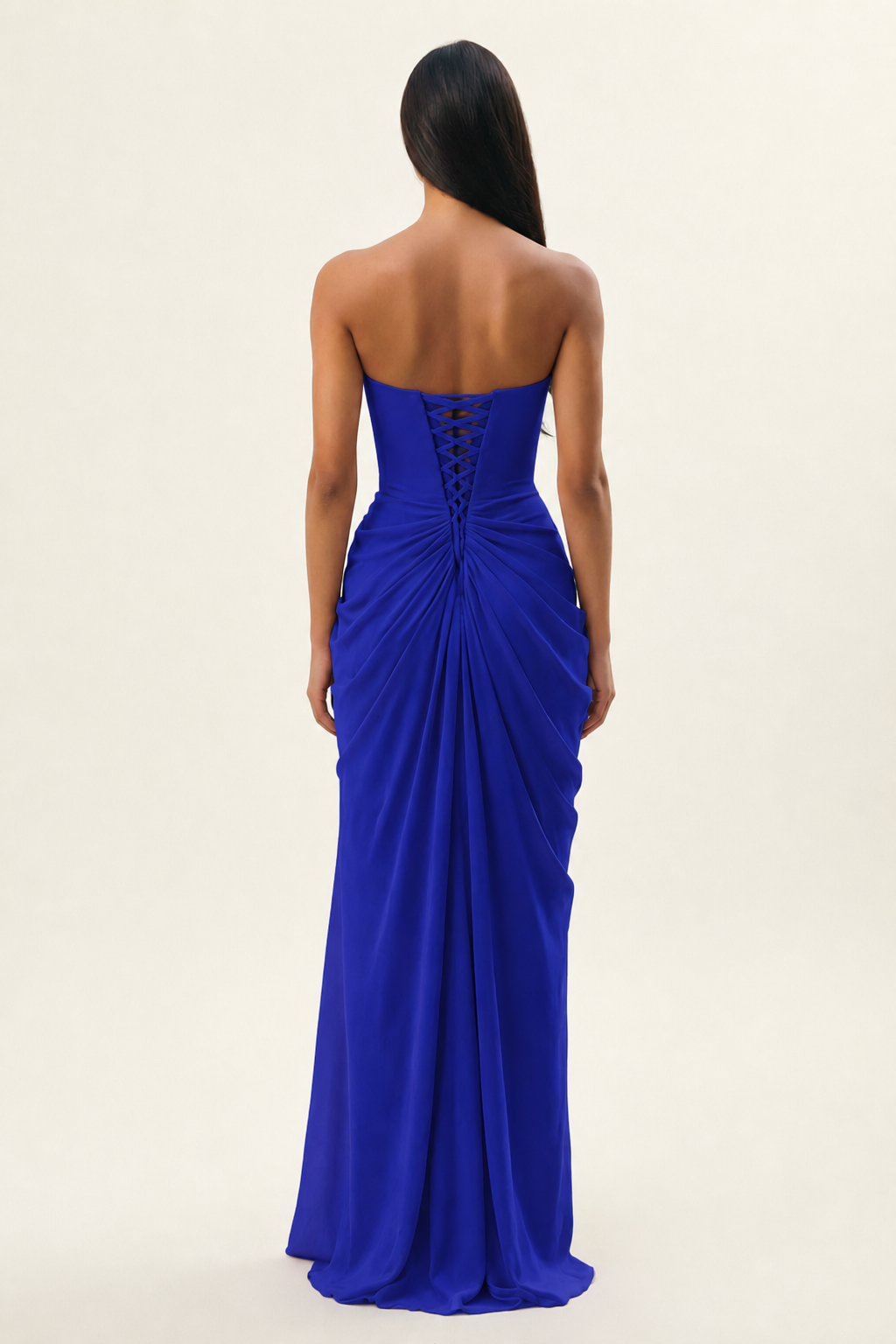 Strapless Ruched High Slit Maxi Dress