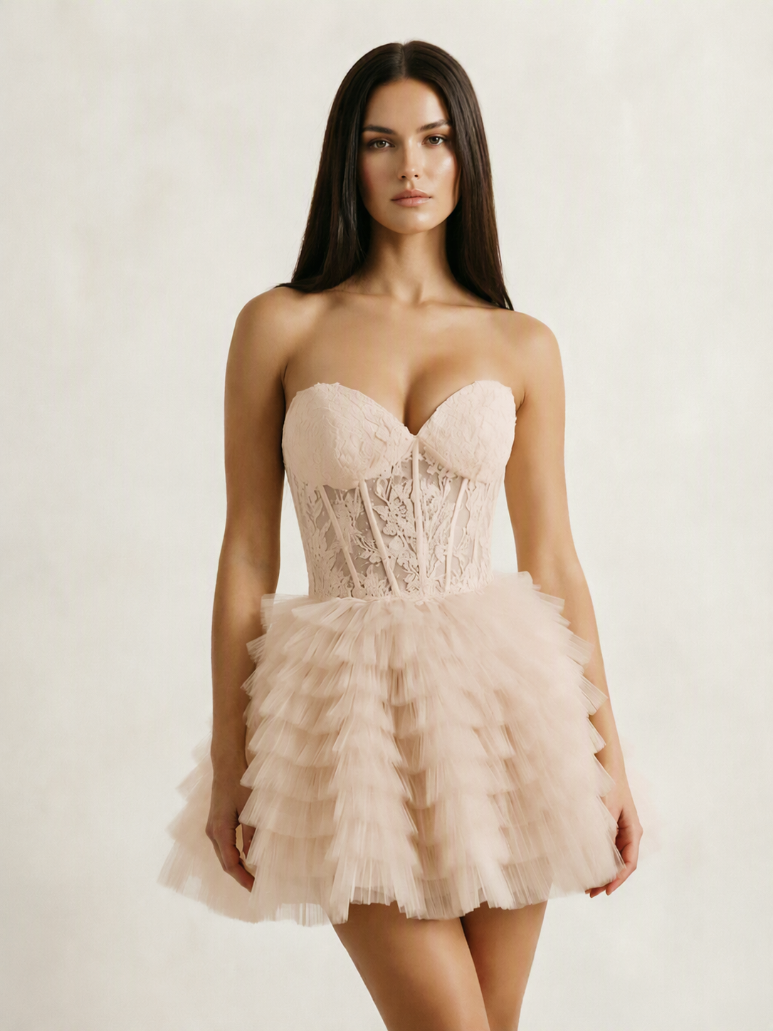 Strapless Lace Corset Tiered Tulle Mini Dress