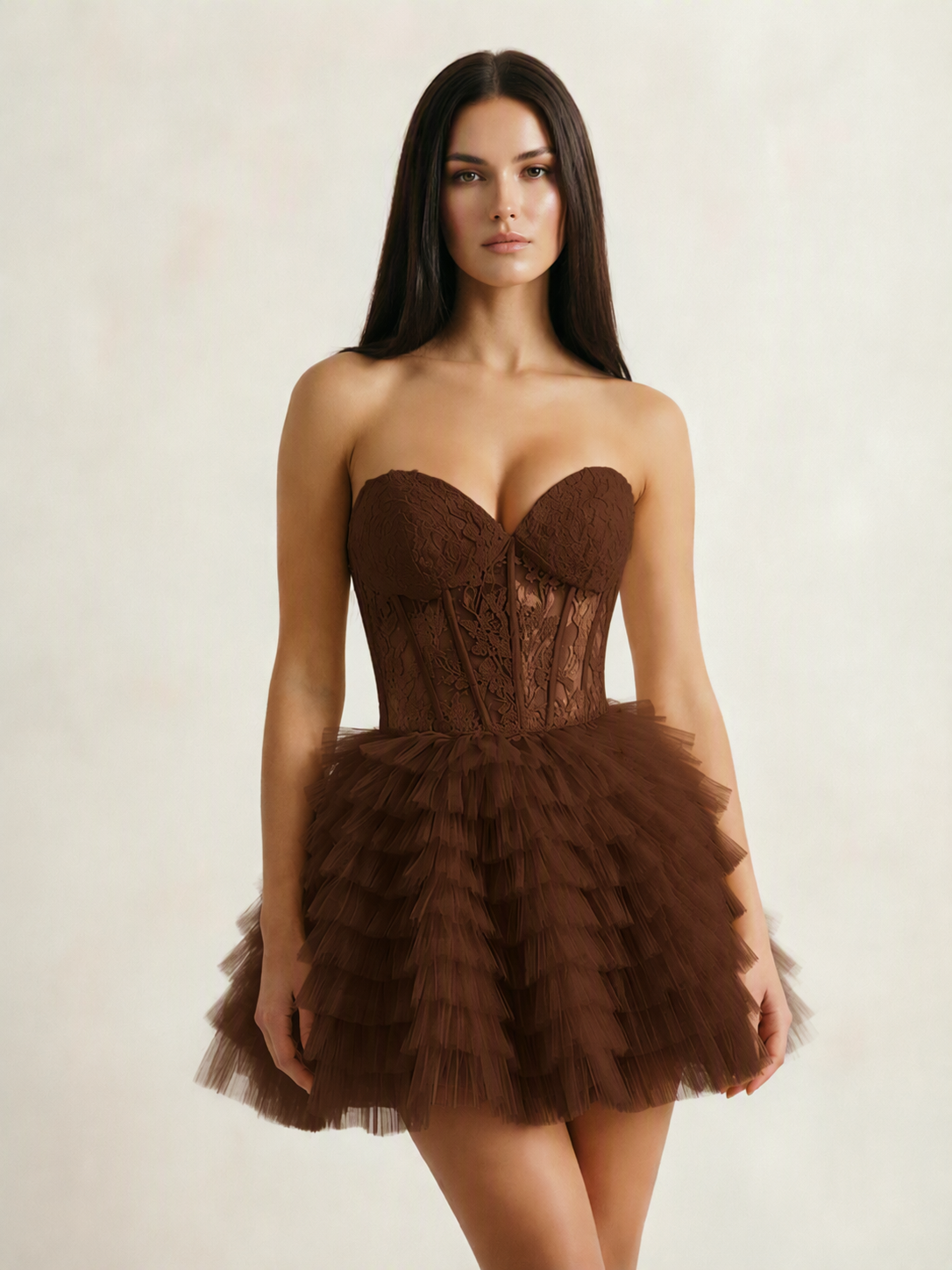Strapless Lace Corset Tiered Tulle Mini Dress