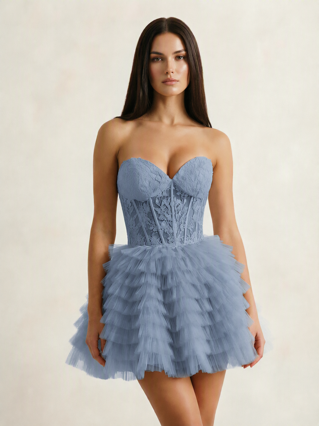 Strapless Lace Corset Tiered Tulle Mini Dress