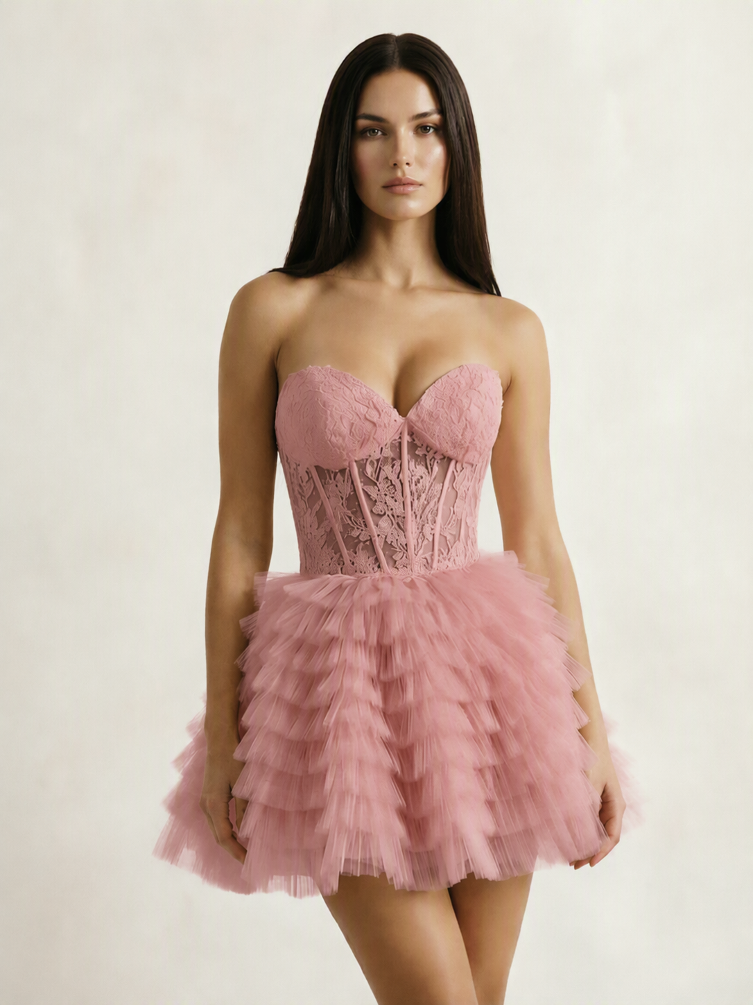 Strapless Lace Corset Tiered Tulle Mini Dress