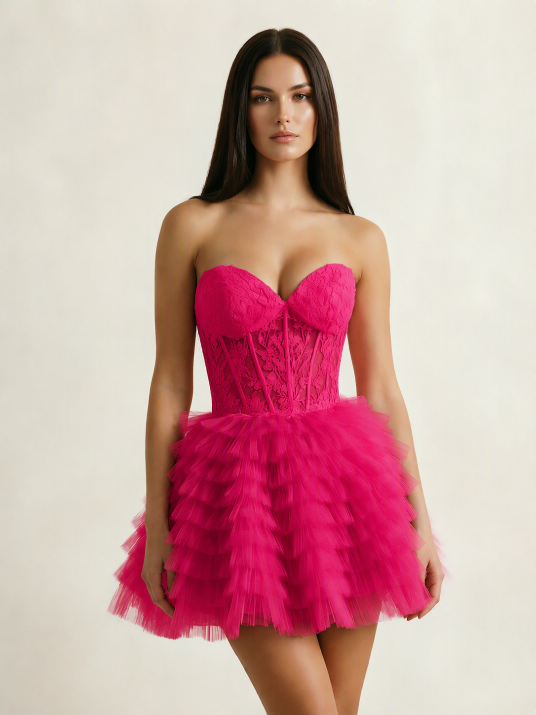 Strapless Lace Corset Tiered Tulle Mini Dress