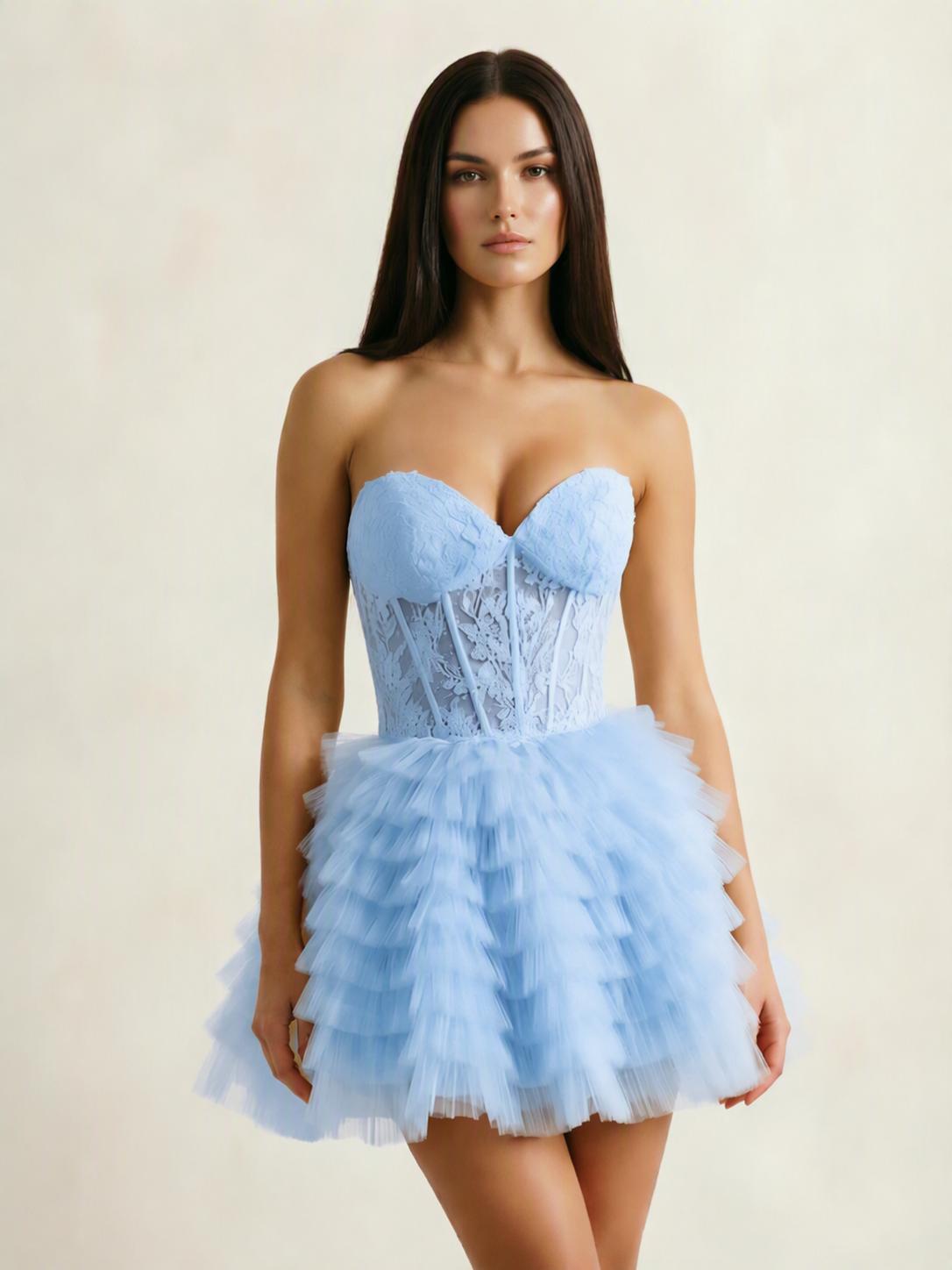 Strapless Lace Corset Tiered Tulle Mini Dress