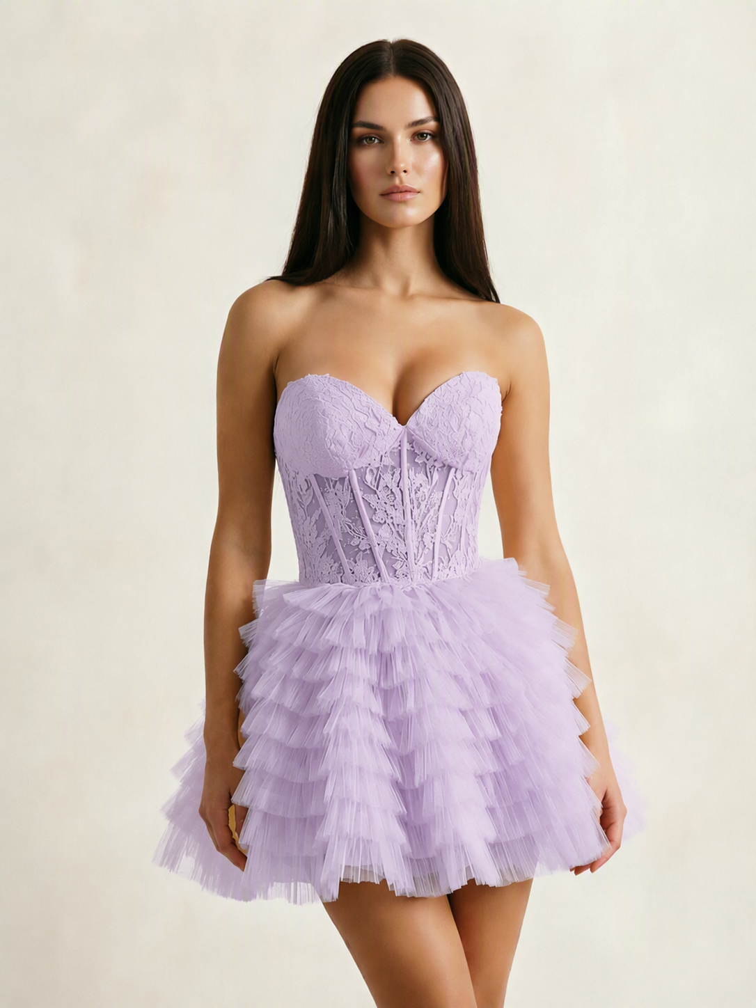 Strapless Lace Corset Tiered Tulle Mini Dress