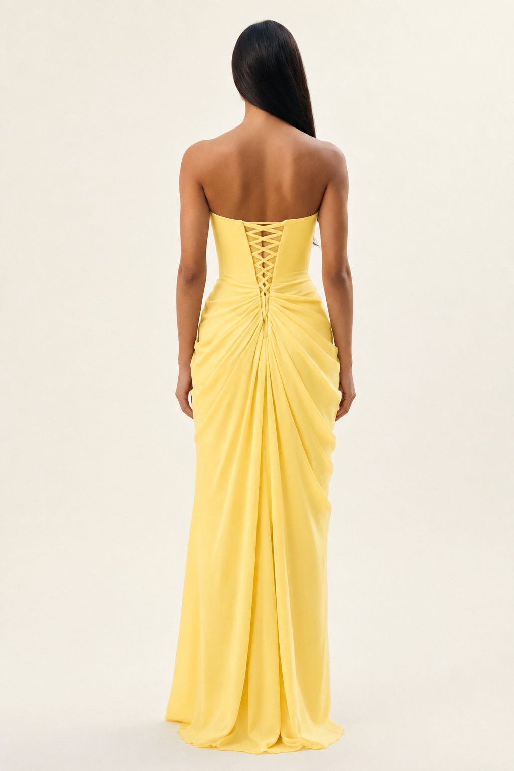 Strapless Ruched High Slit Maxi Dress