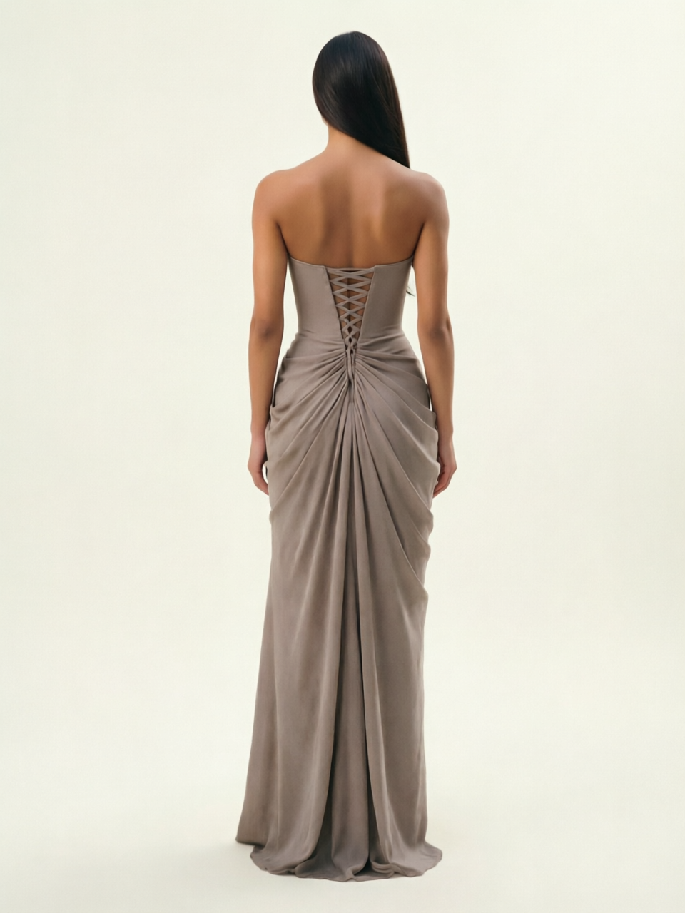 Strapless Ruched High Slit Maxi Dress