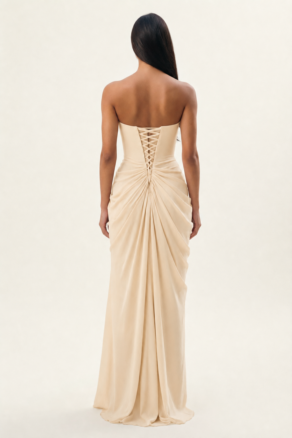 Strapless Ruched High Slit Maxi Dress