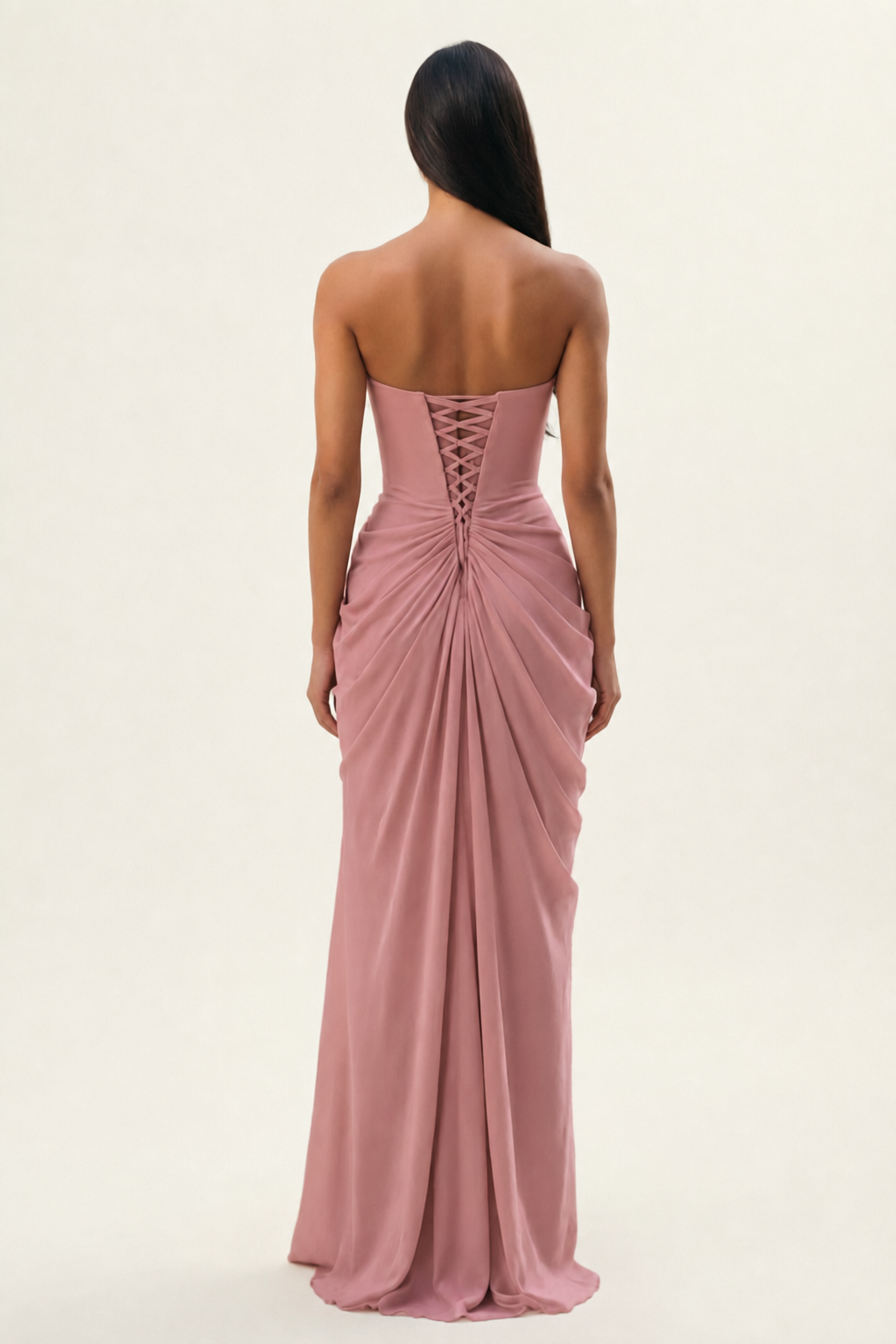 Strapless Ruched High Slit Maxi Dress