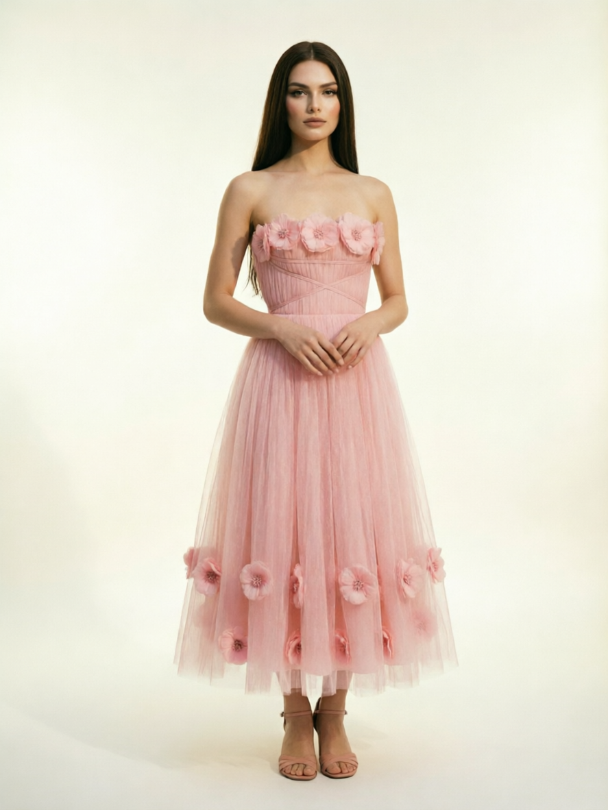 Strapless Tulle Midi Dress with 3D Floral Appliqués, Lace-Up Corset Back