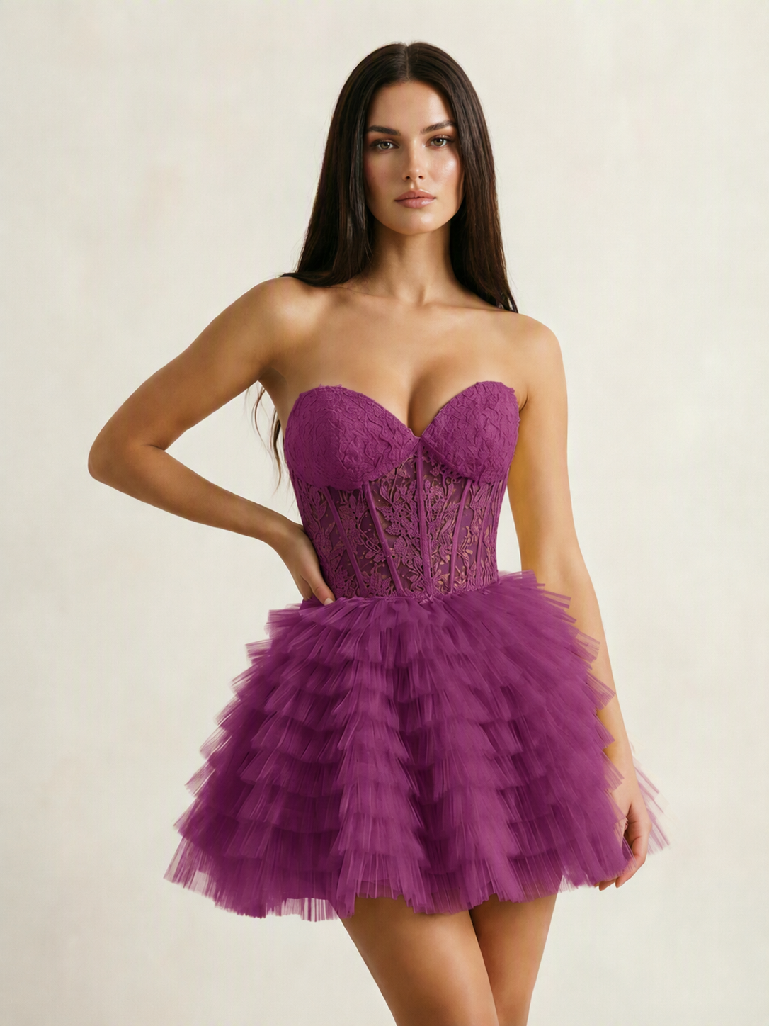 Strapless Lace Corset Tiered Tulle Mini Dress