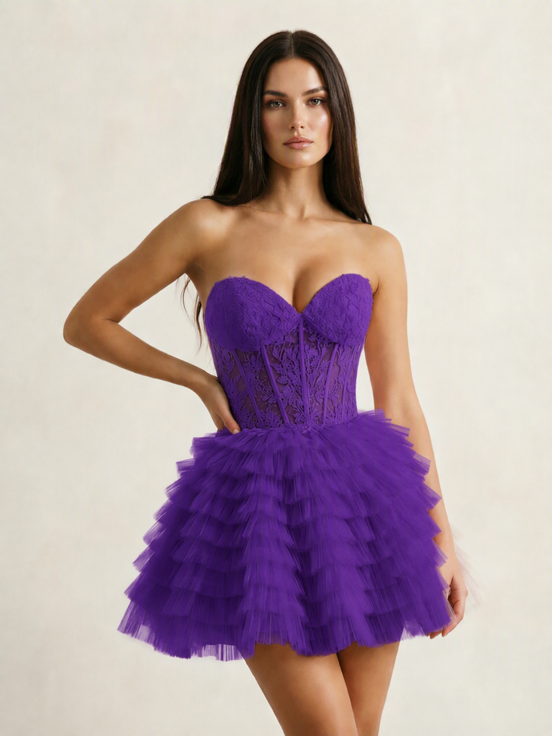Strapless Lace Corset Tiered Tulle Mini Dress
