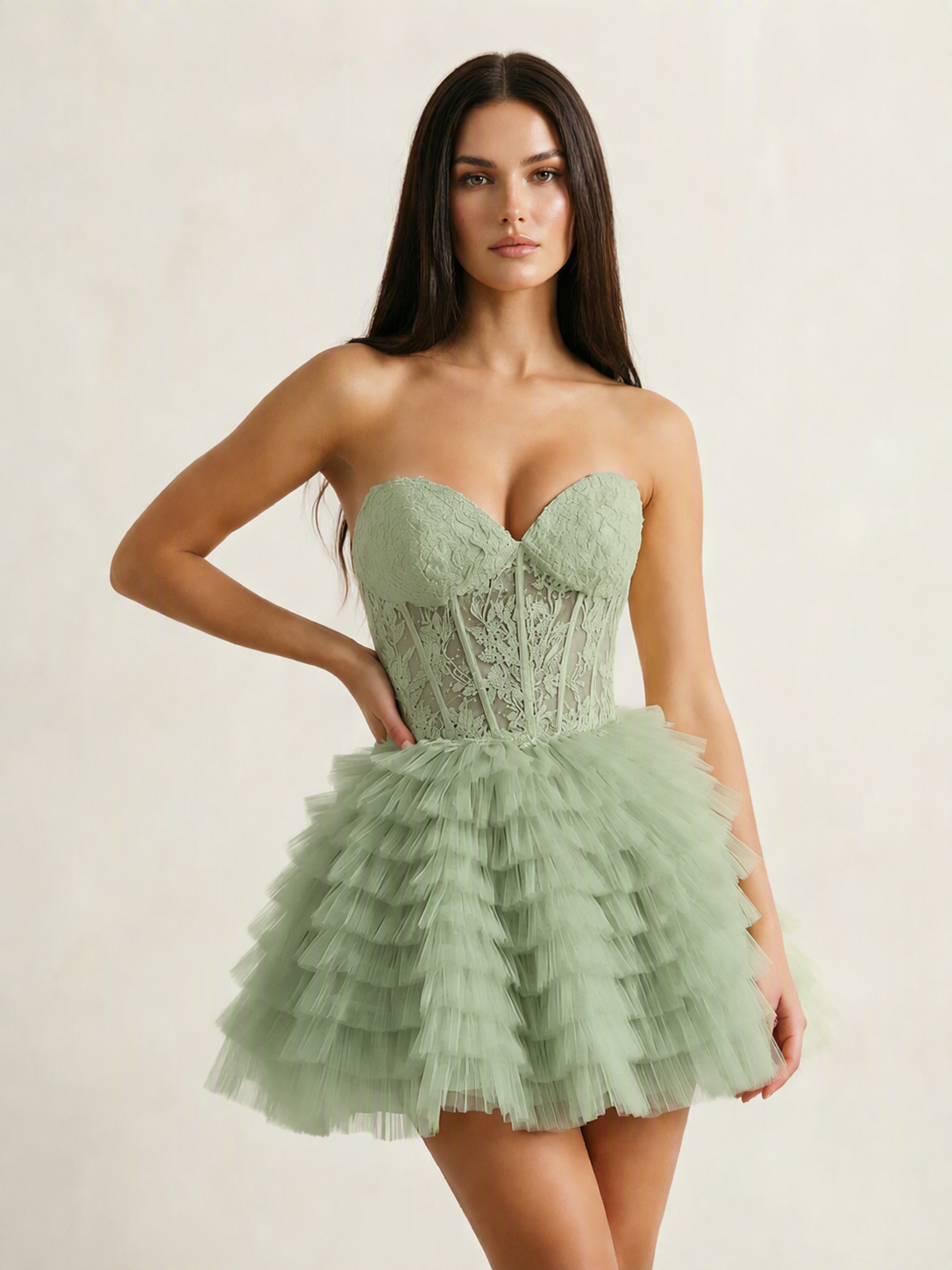 Strapless Lace Corset Tiered Tulle Mini Dress
