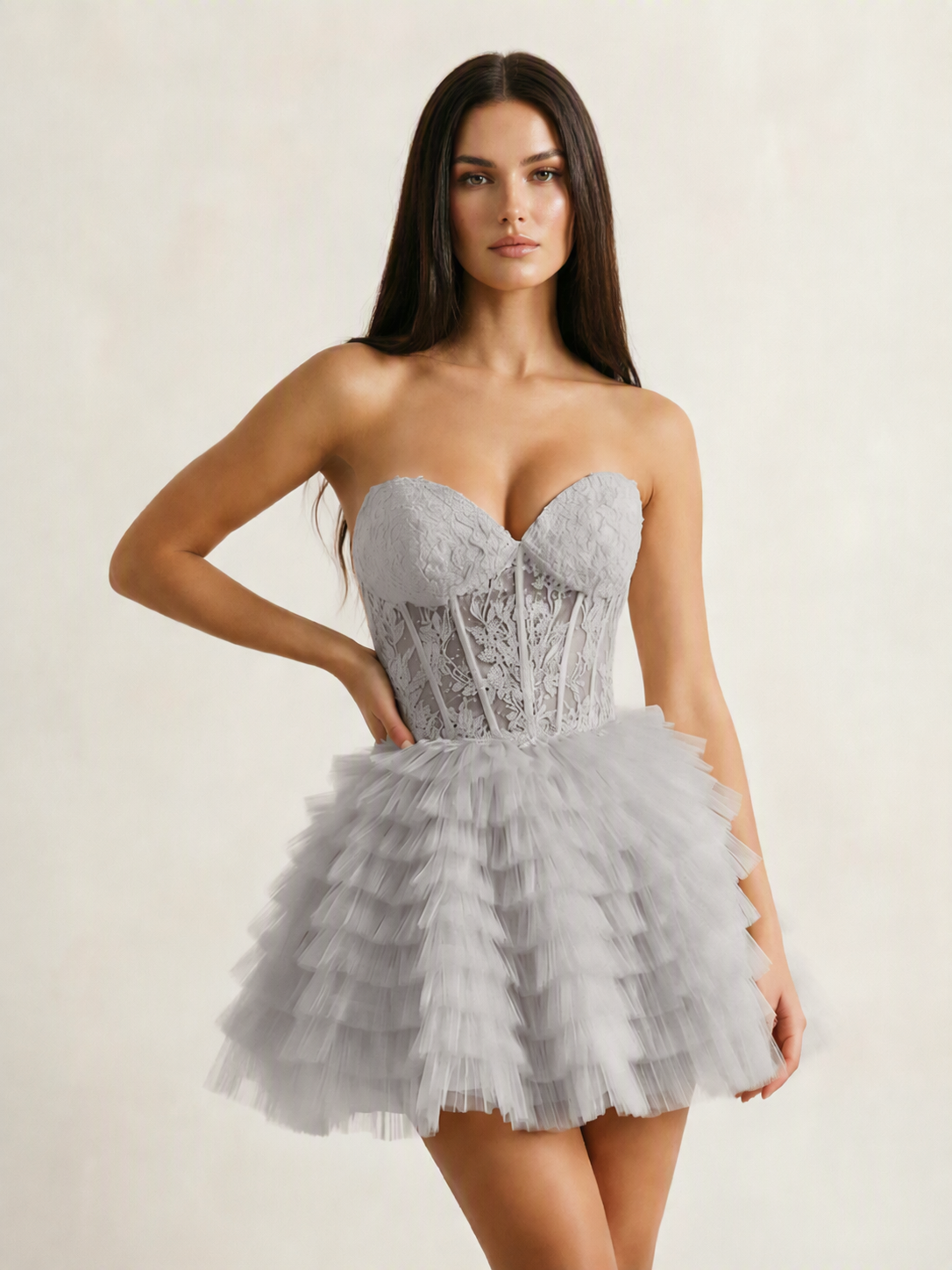 Strapless Lace Corset Tiered Tulle Mini Dress