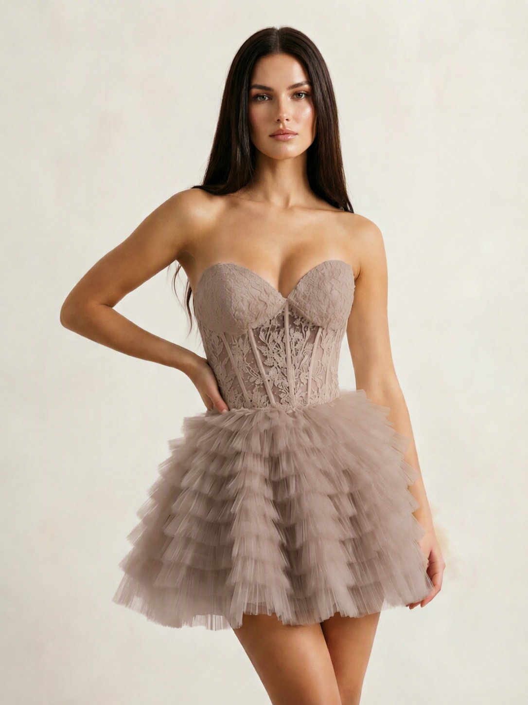 Strapless Lace Corset Tiered Tulle Mini Dress