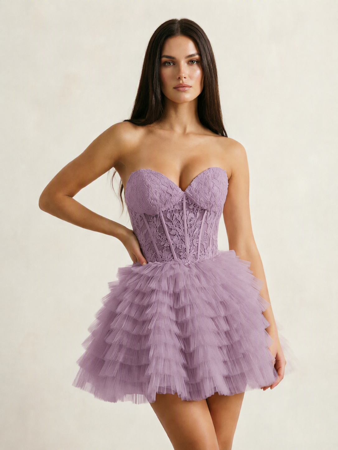 Strapless Lace Corset Tiered Tulle Mini Dress
