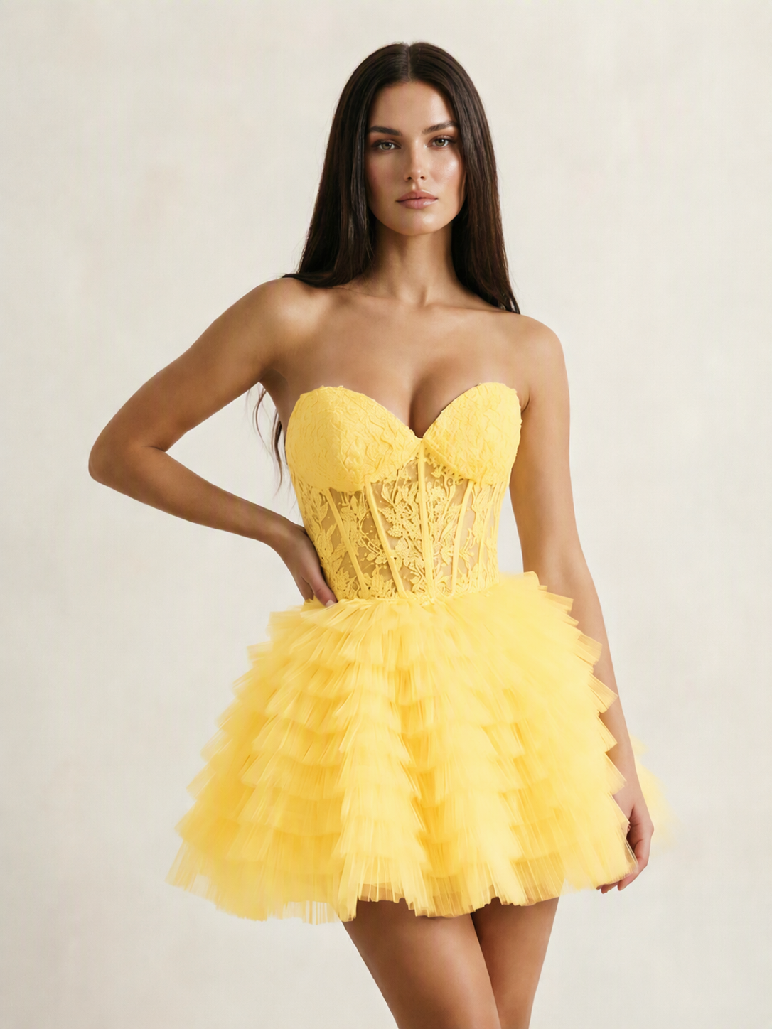 Strapless Lace Corset Tiered Tulle Mini Dress