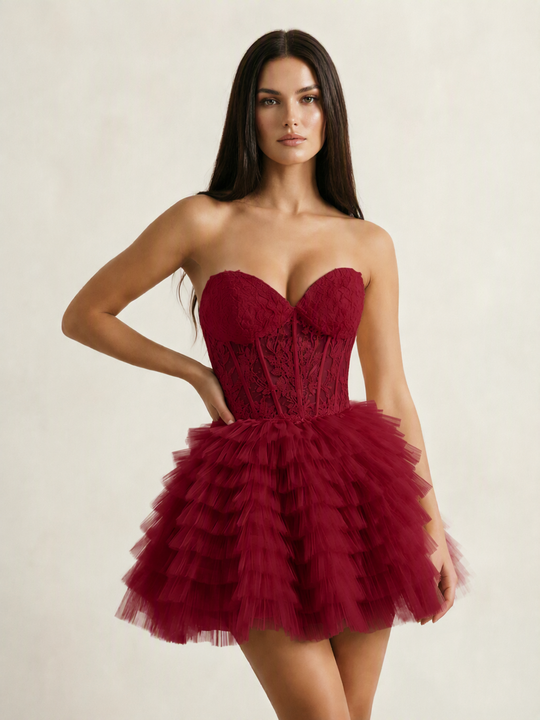 Strapless Lace Corset Tiered Tulle Mini Dress