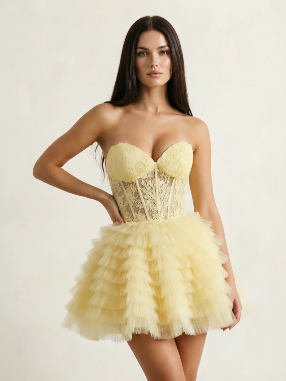 Strapless Lace Corset Tiered Tulle Mini Dress