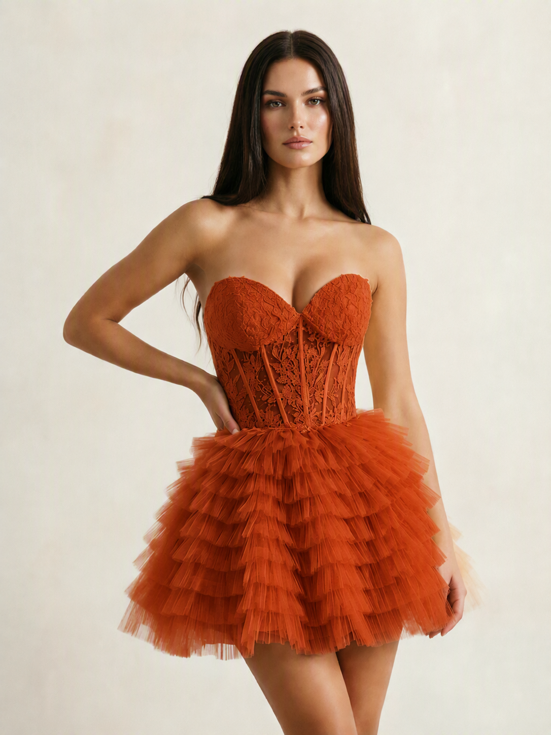 Strapless Lace Corset Tiered Tulle Mini Dress