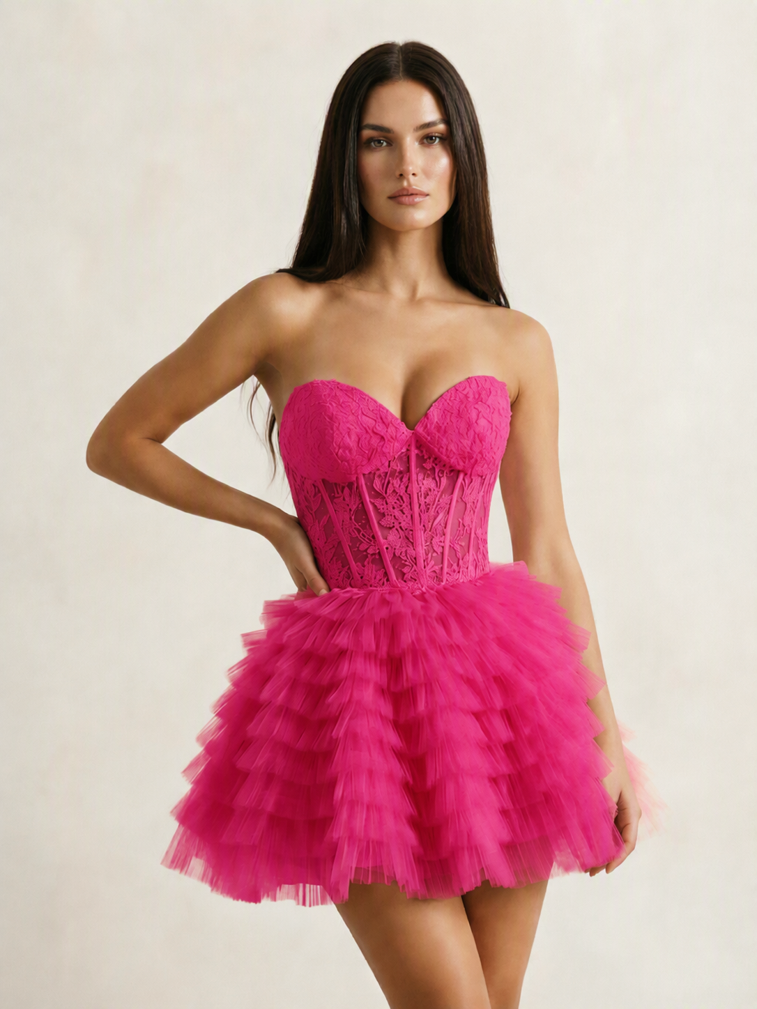 Strapless Lace Corset Tiered Tulle Mini Dress