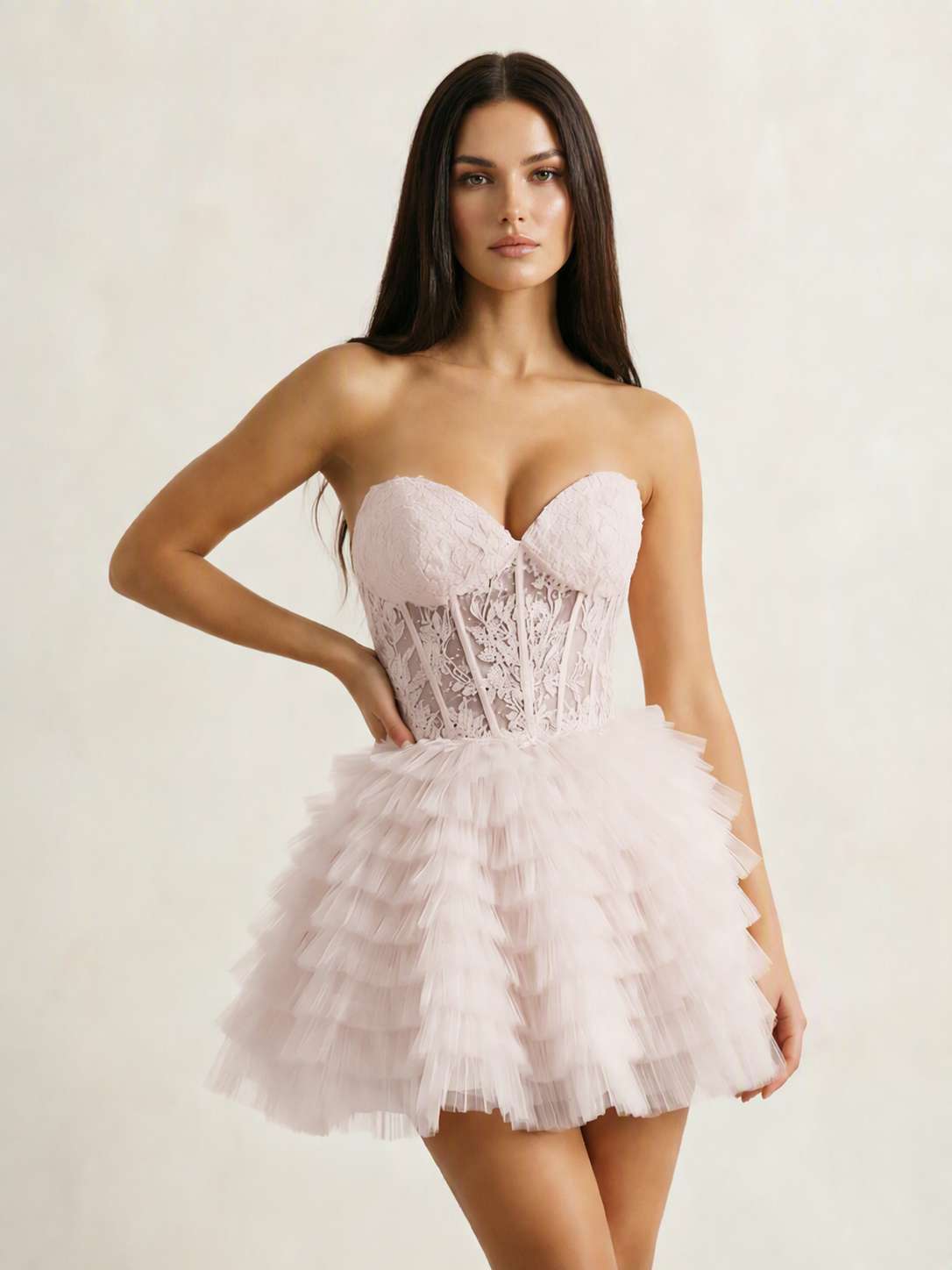 Strapless Lace Corset Tiered Tulle Mini Dress