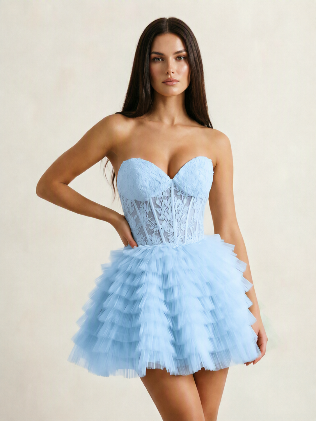 Strapless Lace Corset Tiered Tulle Mini Dress