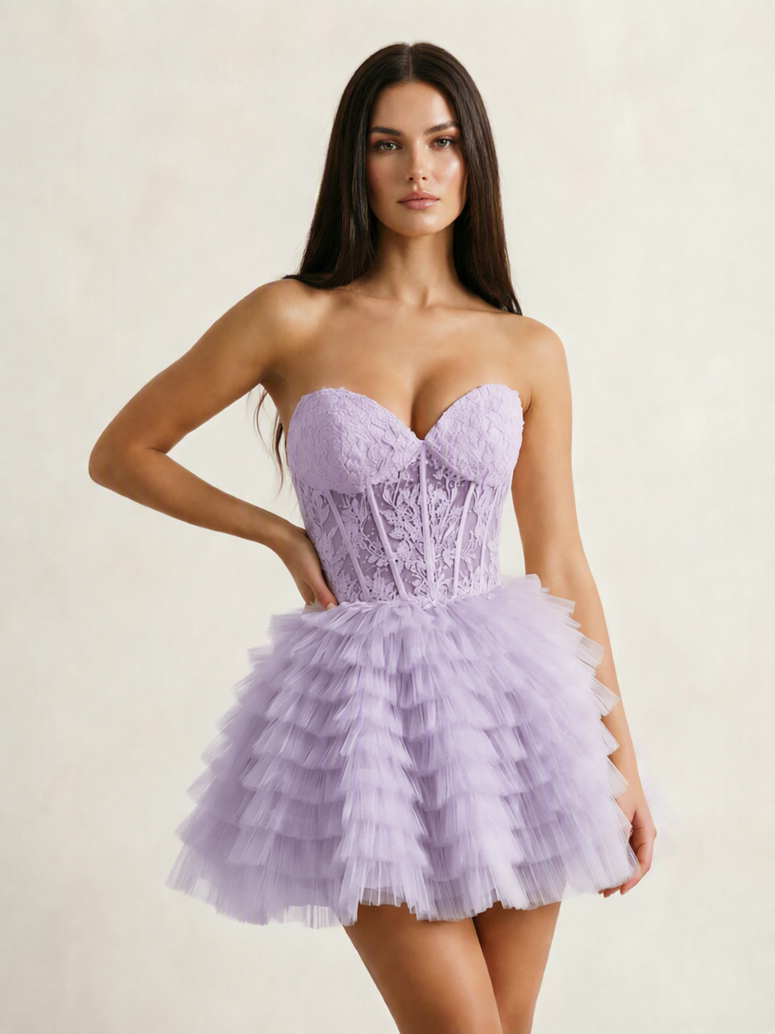 Strapless Lace Corset Tiered Tulle Mini Dress