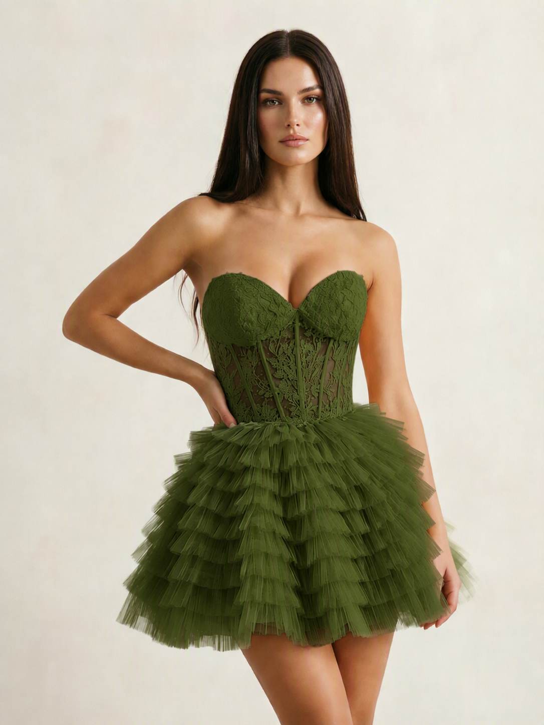 Strapless Lace Corset Tiered Tulle Mini Dress